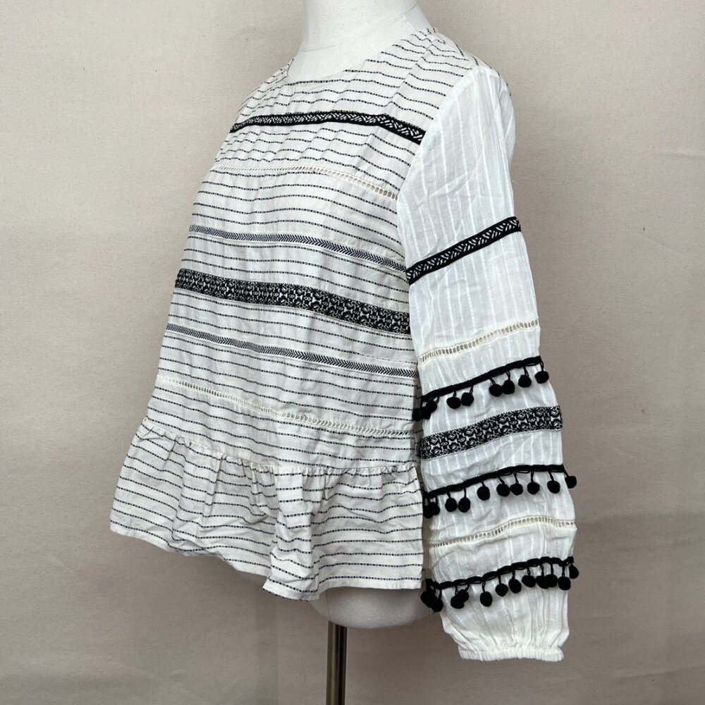 Zara Woman Premium Denim Collection Black White Poms Long Sleeve Blouse Size S